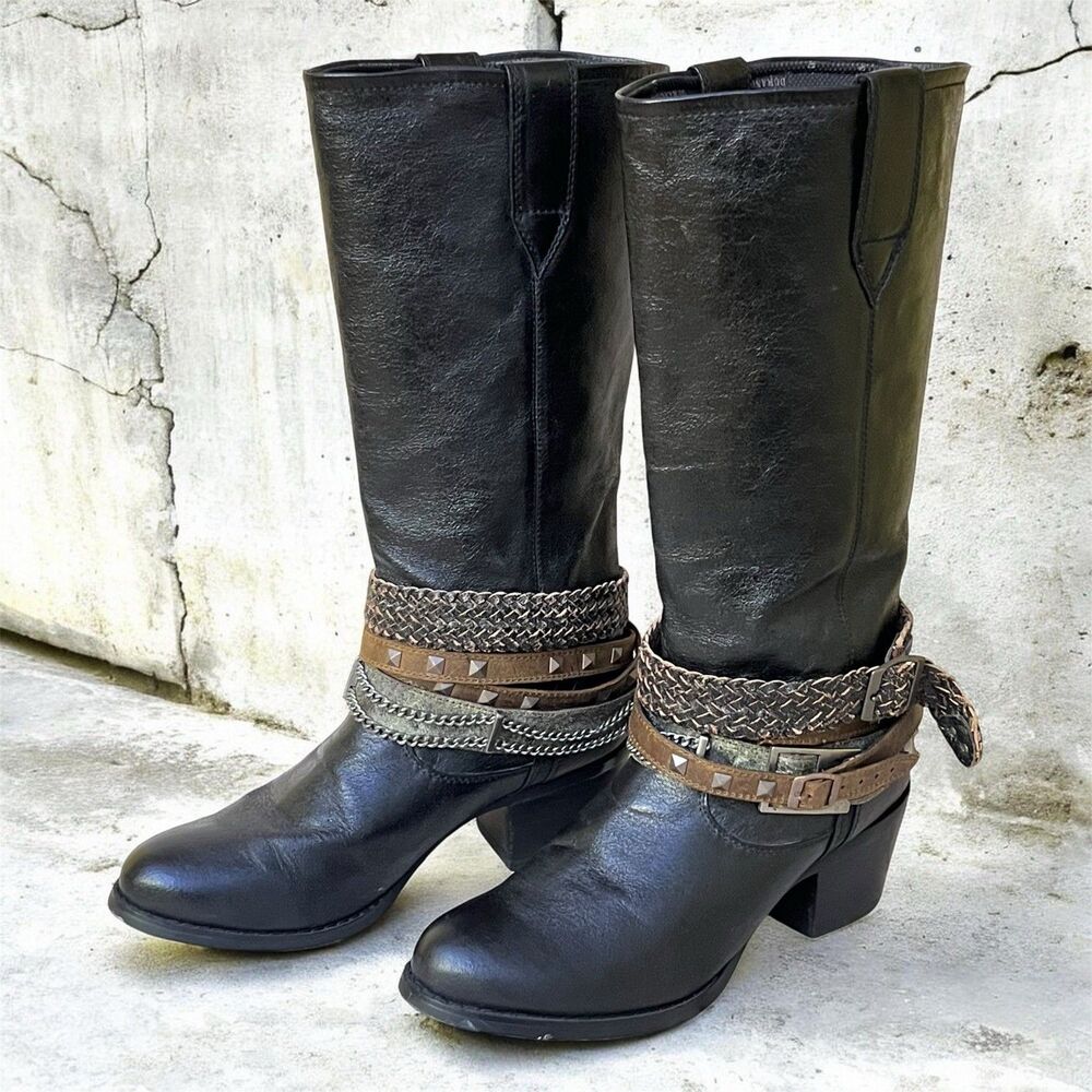 Durango Philly Boots Womens 9.5M Black Leather 14” Western Moto Harness Belted
